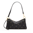 A black pebbled leather shoulder bag with gold studs and gold-tone hardware, shown on a plain white background.