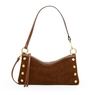 Brown handbag with gold studs on a white background