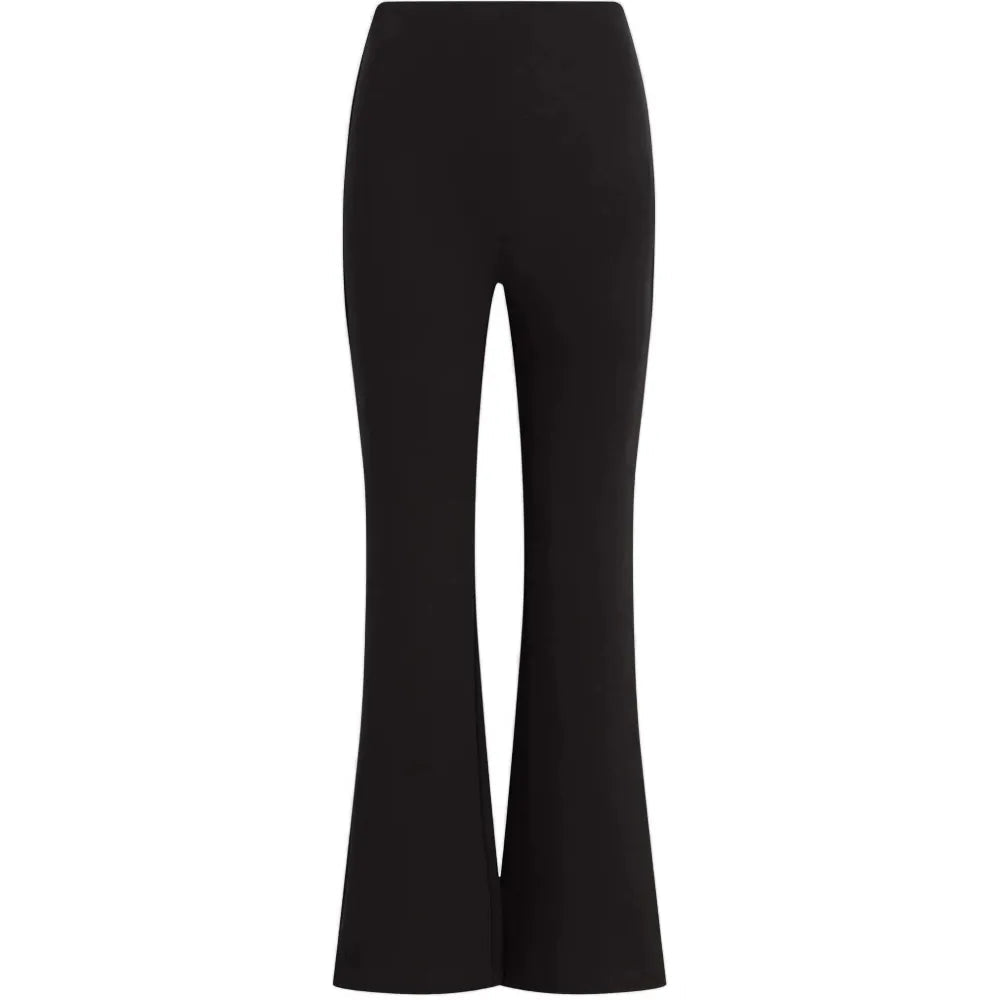 Black wide-leg cropped pants with a straight, high-waisted silhouette and flared lower legs, shown on a plain white background.