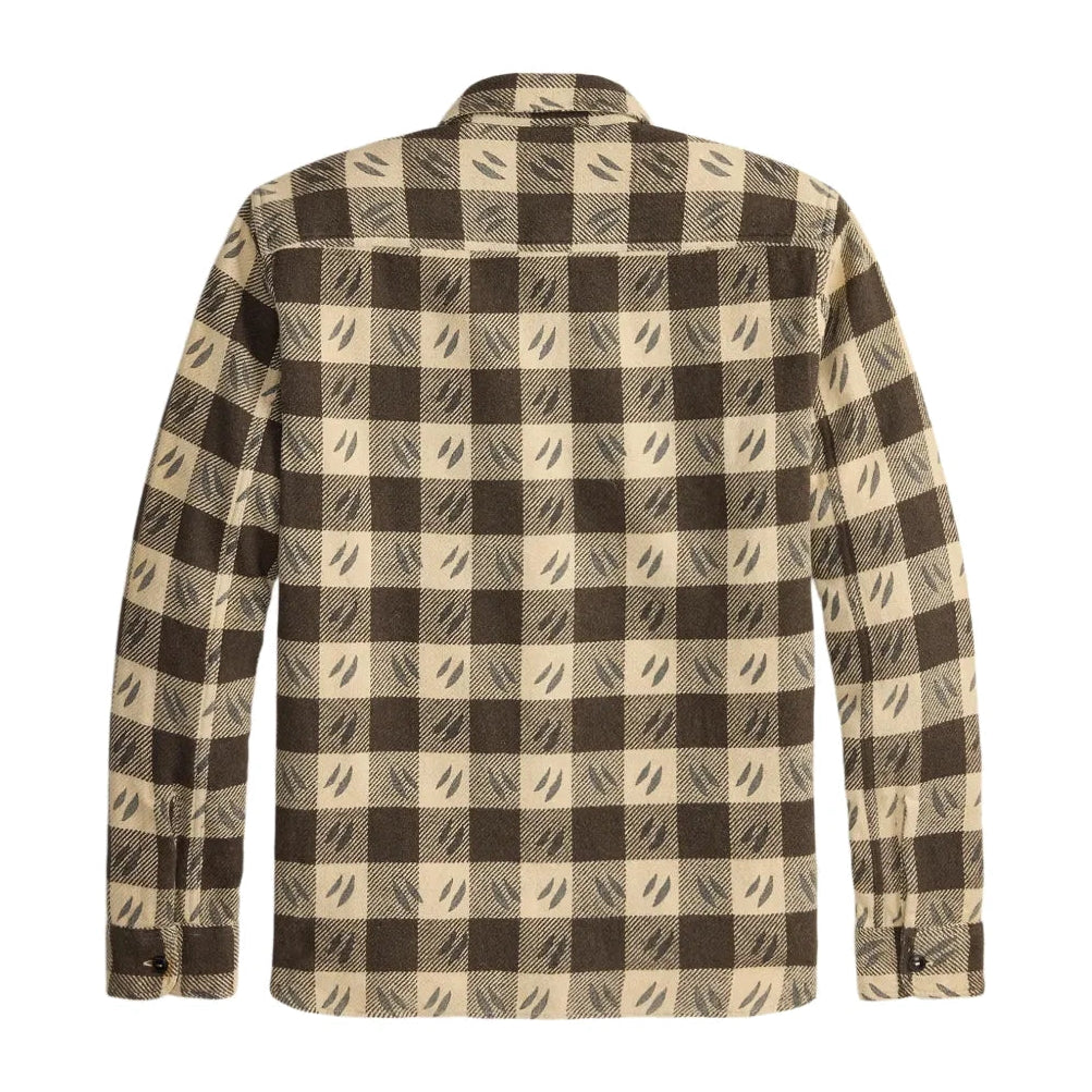 A long-sleeve button-up shirt with a brown and beige checkered pattern, featuring a subtle leaf motif within each check, shown against a plain white background.