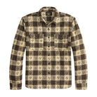 A long-sleeve button-up shirt with a brown and beige checkered pattern featuring a repeating leaf motif, displayed on a solid white background.