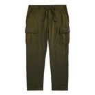Olive green cargo pants with a drawstring waist, flap cargo pockets on the thighs, and buttoned cuffs, shown flat on a white background.