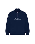 Navy blue sweatshirt with 'Malbon' branding on a light gray background