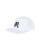 White cap with black logo on a white background
