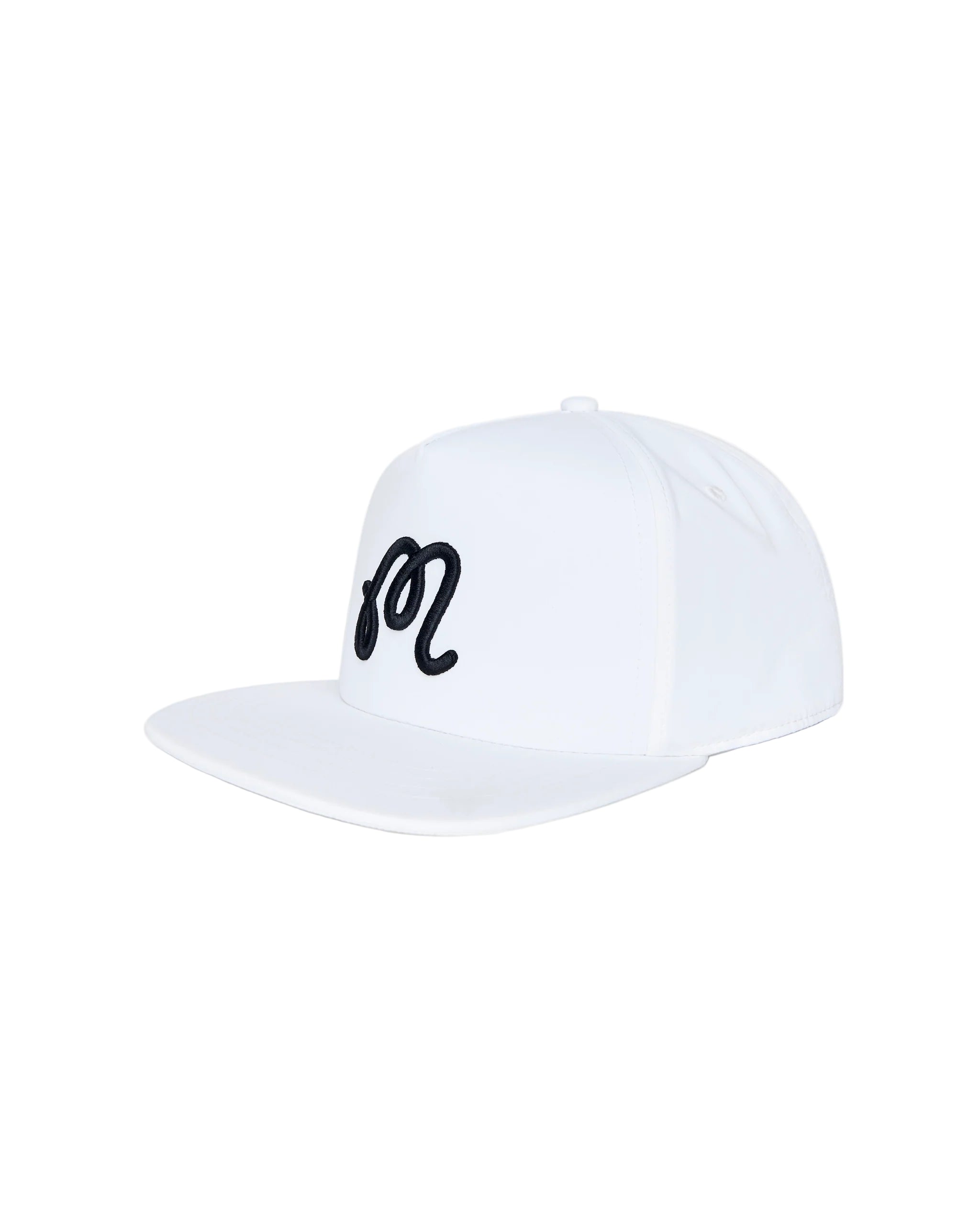 White cap with black logo on a white background