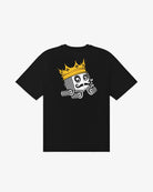 Black t-shirt with a graphic design on the back featuring a king's face with a crown.