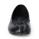 A black leather ballet flat shoe with a decorative bow on the split toe, shown from a front-facing perspective against a plain white background.