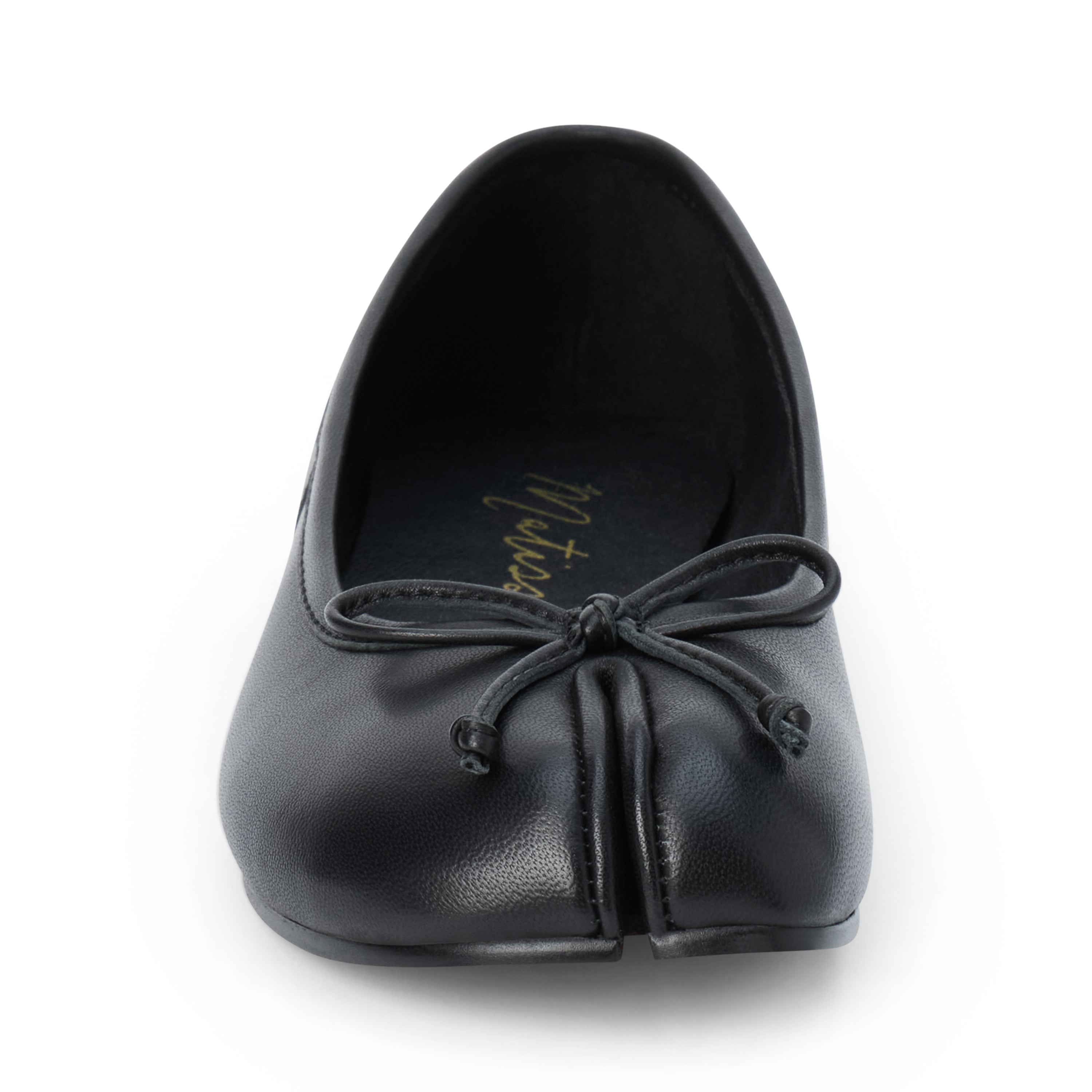 A black leather ballet flat shoe with a decorative bow on the split toe, shown from a front-facing perspective against a plain white background.
