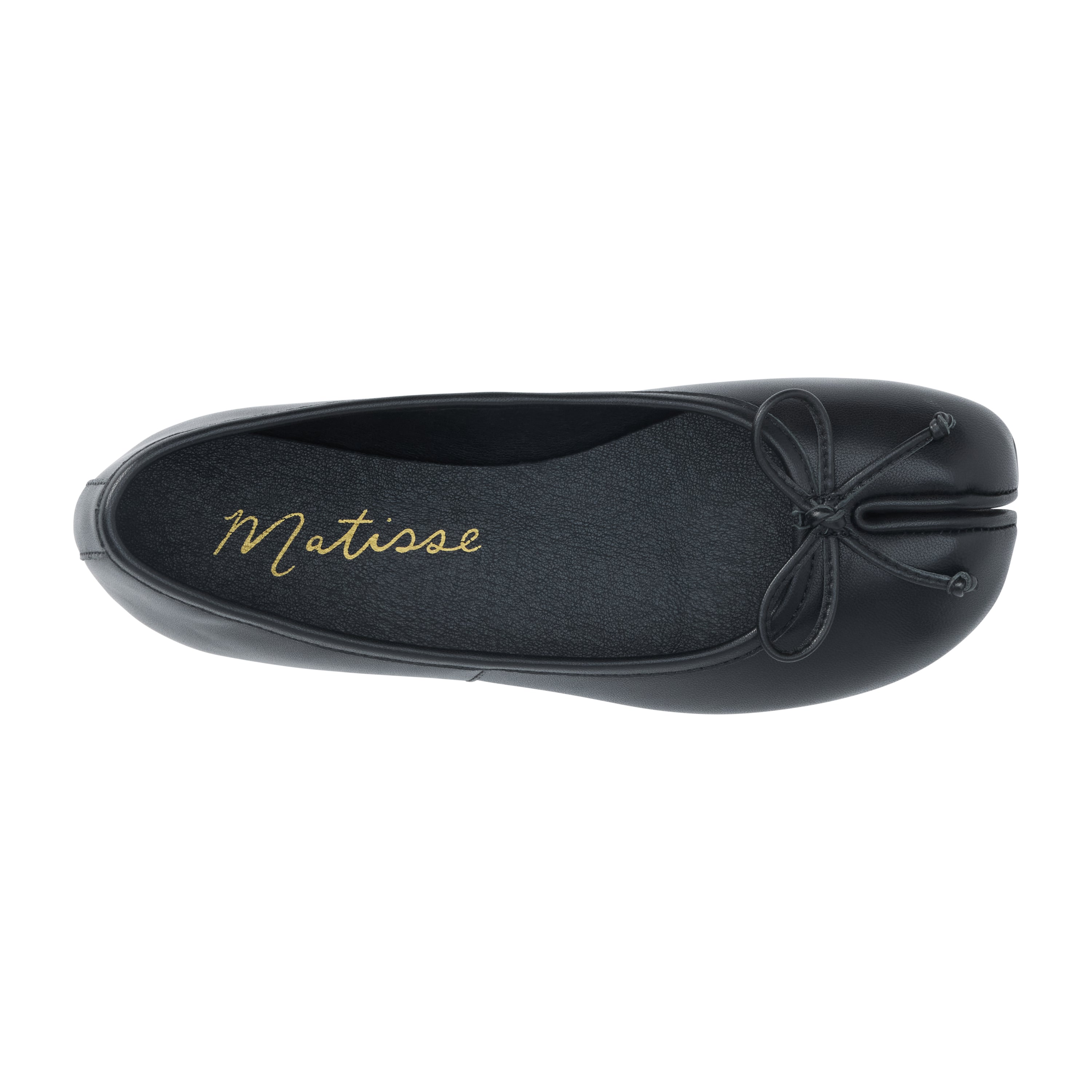A black Matisse ballet flat shoe shown from a top-down view, featuring a signature split toe and gold script branding on the insole, set against a plain white background.