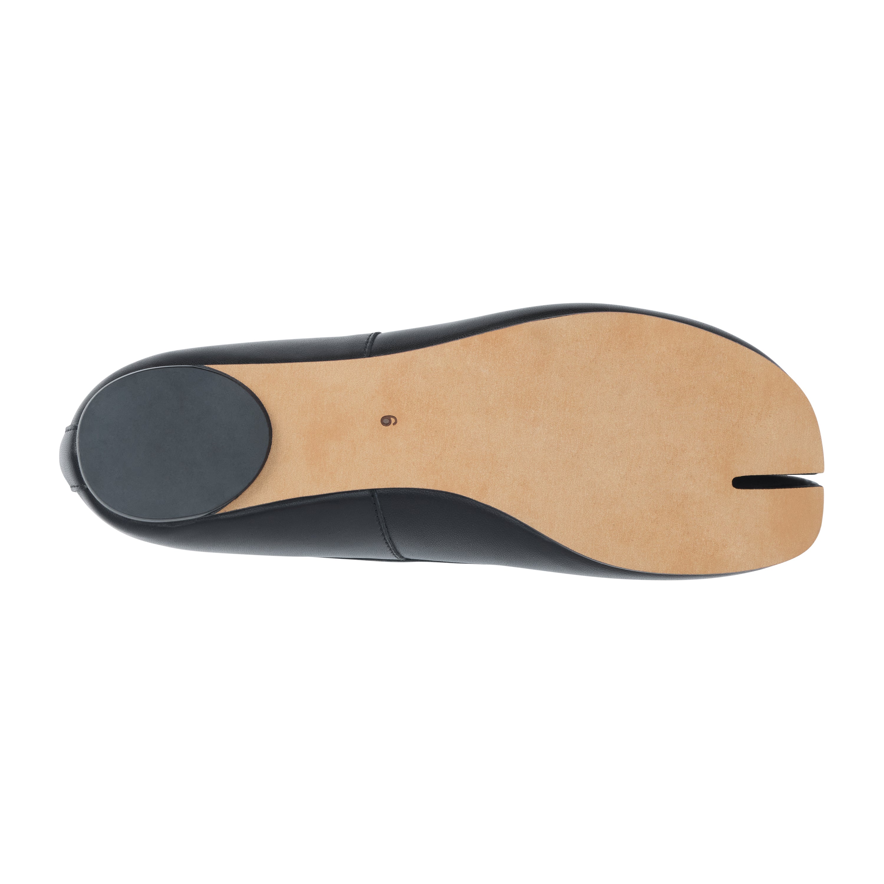 Top-down view of a black leather tabi shoe showing the tan suede insole and split-toe design on a white background.