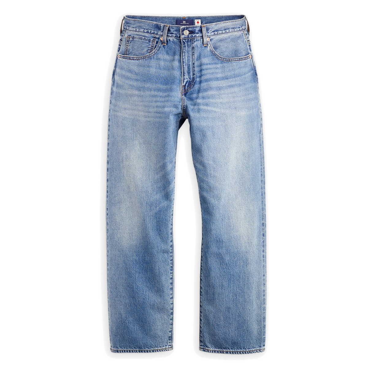 Levi’s Blue Tab Marker Loose Selvedge Jeans in a faded medium blue wash, front view laid flat on white, showing a relaxed straight leg and five-pocket design.