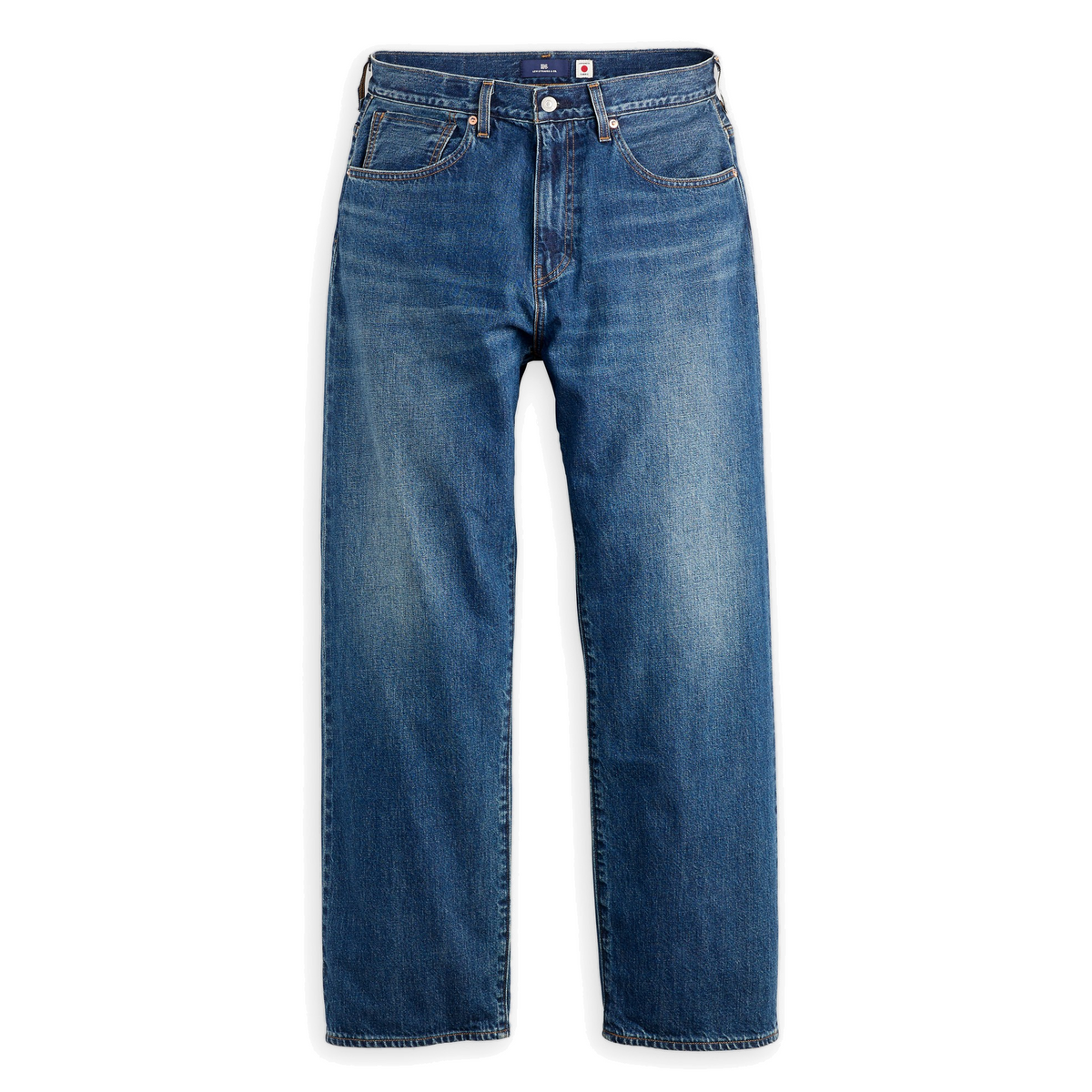 Levi’s Blue Tab Marker Loose Selvedge Jeans in a dark indigo wash, front view laid flat on white, showing a relaxed straight leg and five-pocket design.