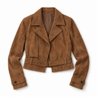 A cropped brown suede jacket with a belted waist and notched lapels, shown flat against a white background.