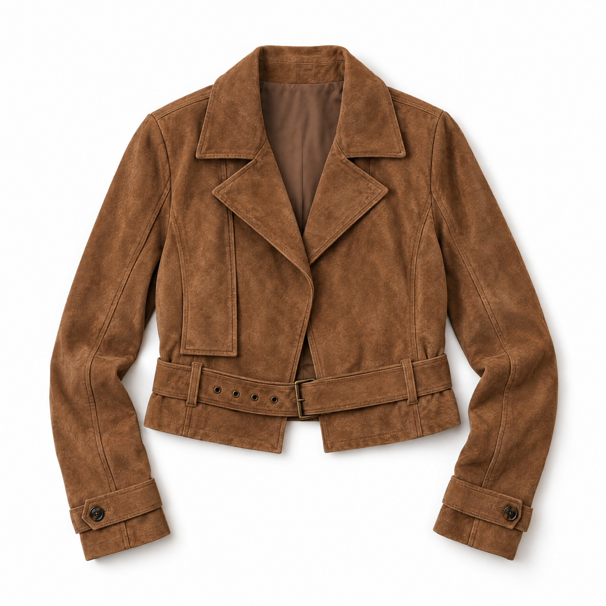 A cropped brown suede jacket with a belted waist and notched lapels, shown flat against a white background.