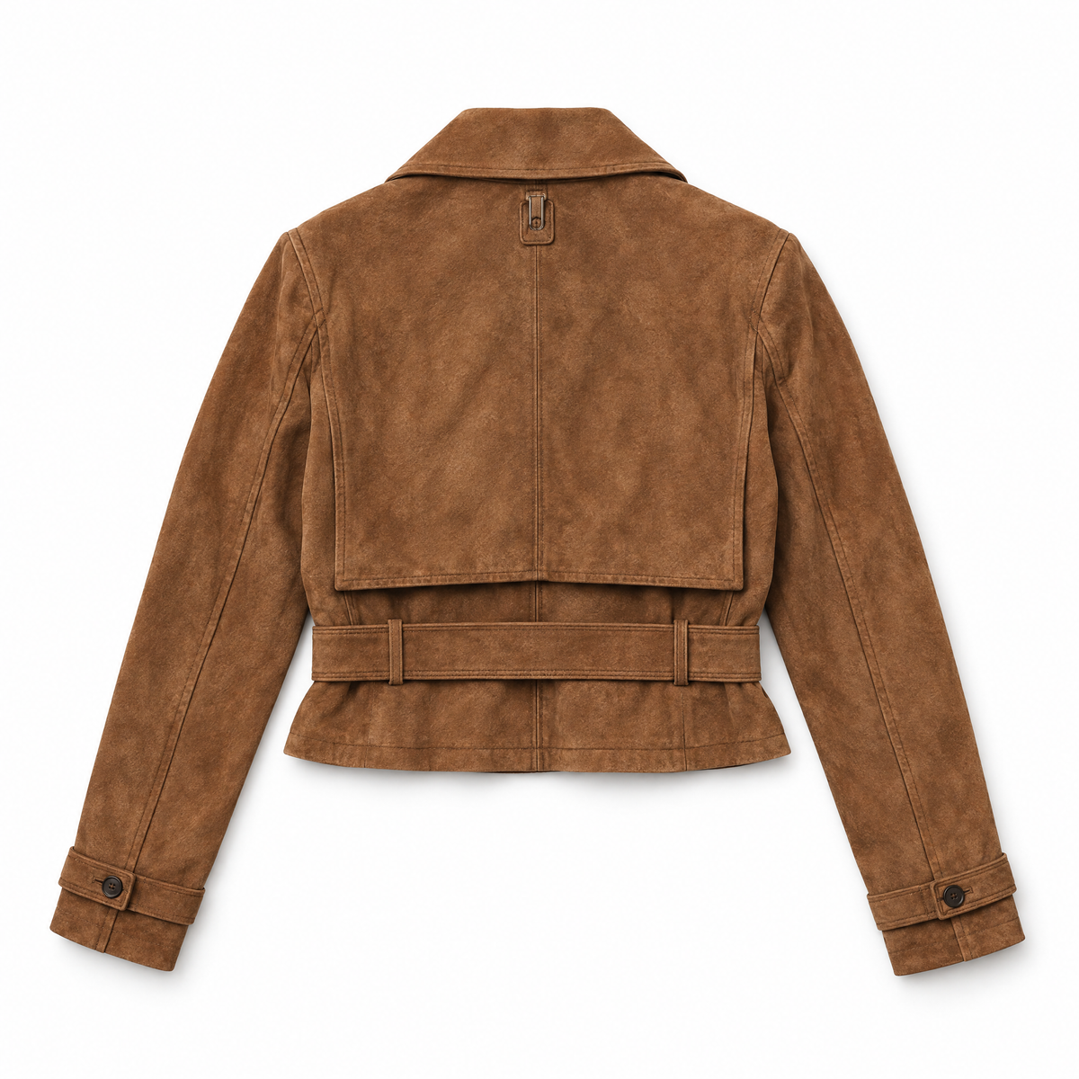 A cropped brown suede jacket shown from the back, featuring a collar, long sleeves with buttoned cuffs, and a matching waist belt, photographed on a plain white background.