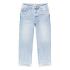 Front view of the Stüssy New Classic Jean in light wash indigo laid flat. Pale blue straight-leg jeans with fading, gold stitching, a button fly and a small embroidered logo on the coin pocket.