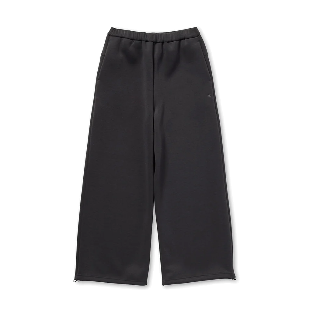 Front view of charcoal Snow Peak Odor Control Women’s Pants laid flat on white, showing the elastic waist, side pockets, wide straight legs and drawcord hems.