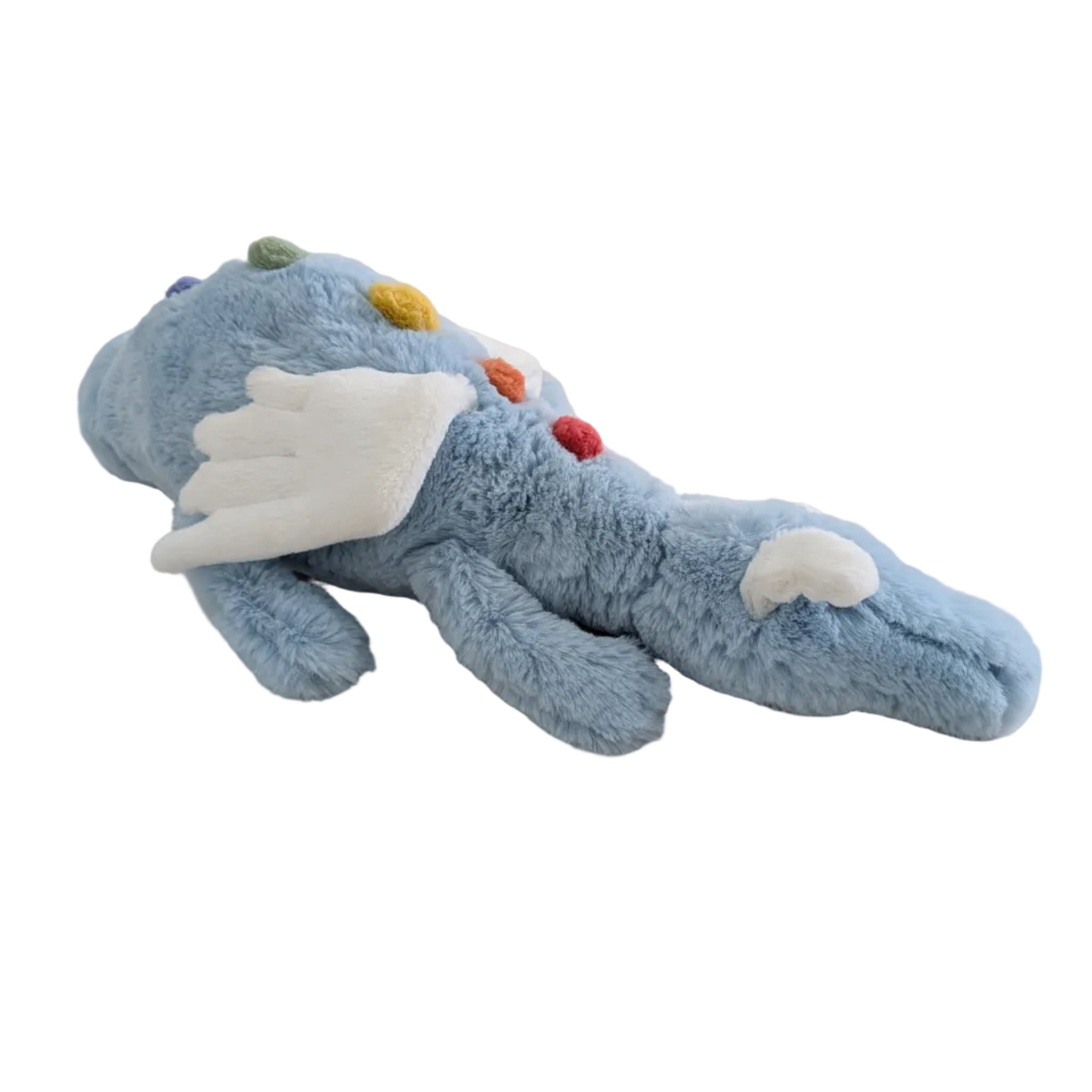 Blue plush toy with colorful buttons on a white surface