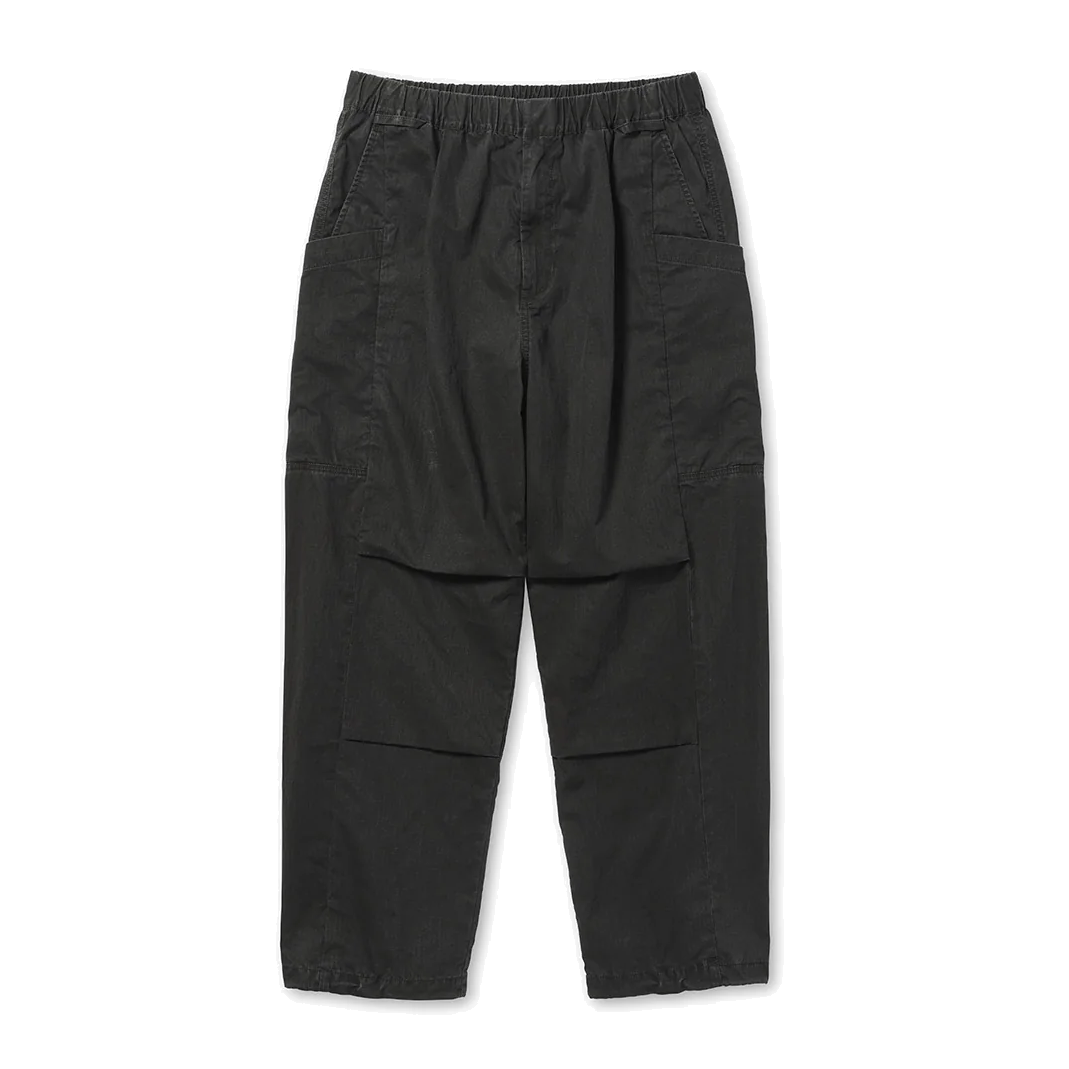 Front view of Snow Peak Pigment Washed Pants in faded charcoal, laid flat on white, showing the elastic waist, angled pockets, large side thigh pockets and darted knees.