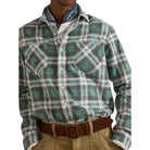 Close-up of the Plaid Flannel Workshirt, showing the bias-cut chest pockets, buttons and the brushed plaid flannel.