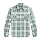 Polo Ralph Lauren Plaid Flannel Workshirt laid flat. A green, gray and white plaid button-up with two bias-cut chest pockets.