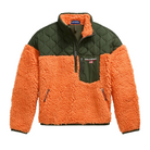 Polo Ralph Lauren Relaxed Fit Polo Sport Pullover laid flat. An orange high-pile fleece half-zip with an olive quilted nylon yoke and a zippered chest pocket with the Polo Sport logo.
