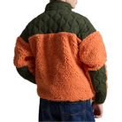 Back view of the Polo Sport Pullover on a model, showing the olive quilted yoke and sleeve panels over the orange fleece.