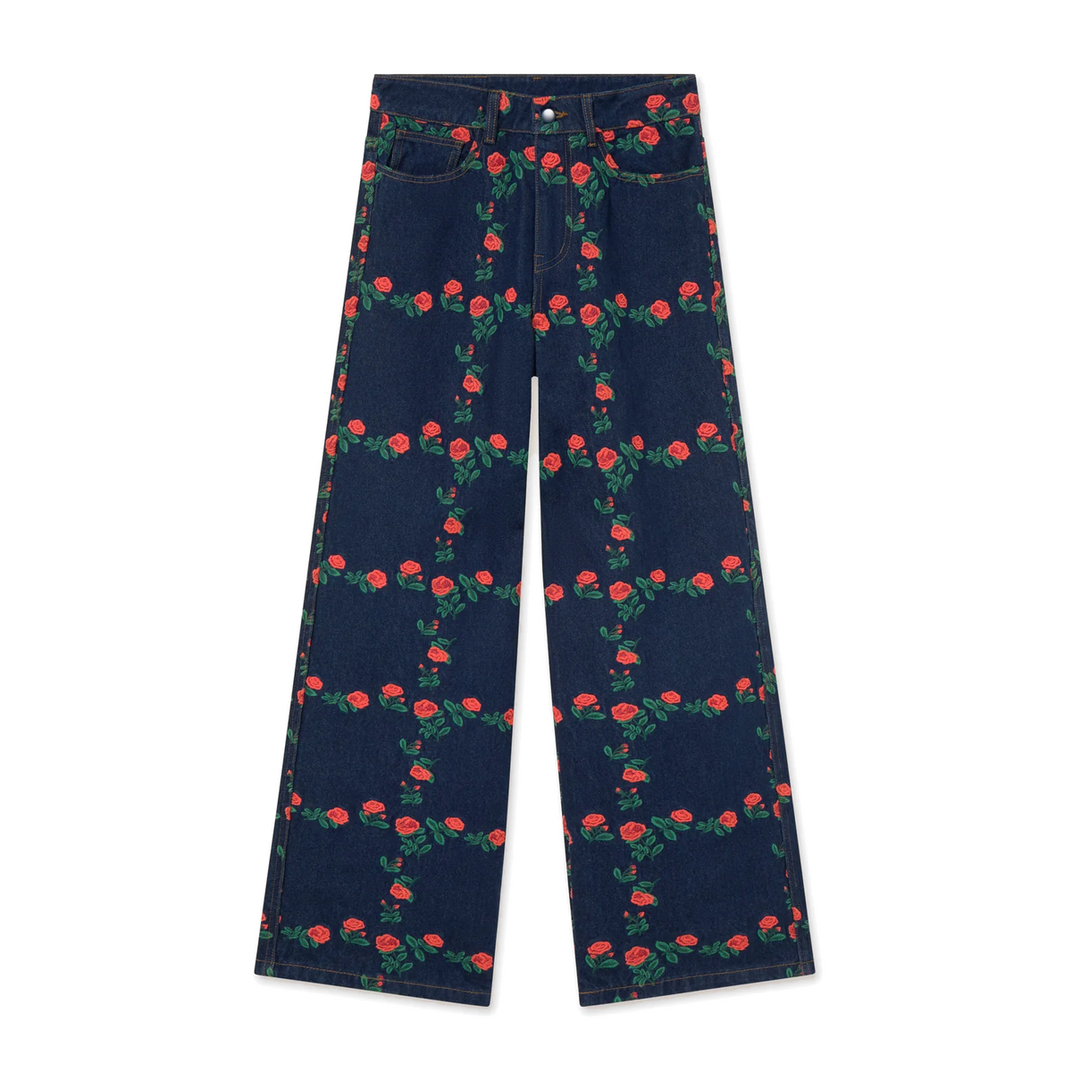 Front view of The Tiny Big Sister Roses Grid Embroidery Berta Long Jeans laid flat on white, showing the dark-wash denim with red rose and green leaf embroidery in a grid, and the wide straight legs.