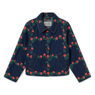 Front view of The Tiny Big Sister Roses Grid Embroidery Denim Jacket laid flat on white, showing the dark-wash denim embroidered with red roses in a grid, the point collar, navy button front and angled welt pockets.