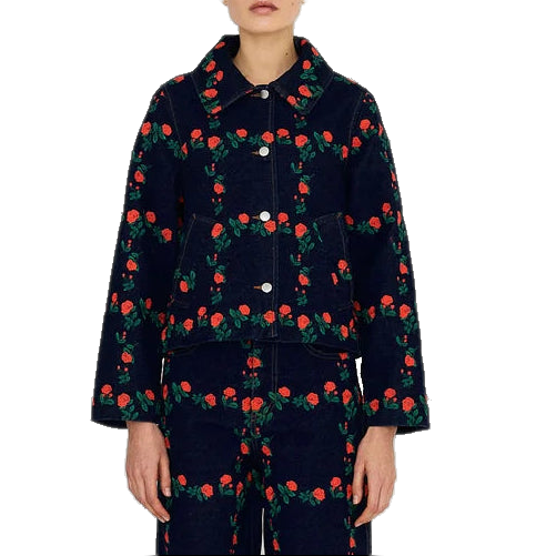 Model wearing The Tiny Big Sister Roses Grid Embroidery Denim Jacket buttoned with the matching rose-embroidered jeans, showing the short, straight fit.
