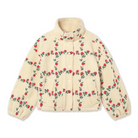 Front view of The Tiny Big Sister Roses Grid Sherpa Jacket, laid flat on white. It’s cream sherpa embroidered with red roses and green leaves in a grid, with a high collar, snap front, and elastic cuffs.