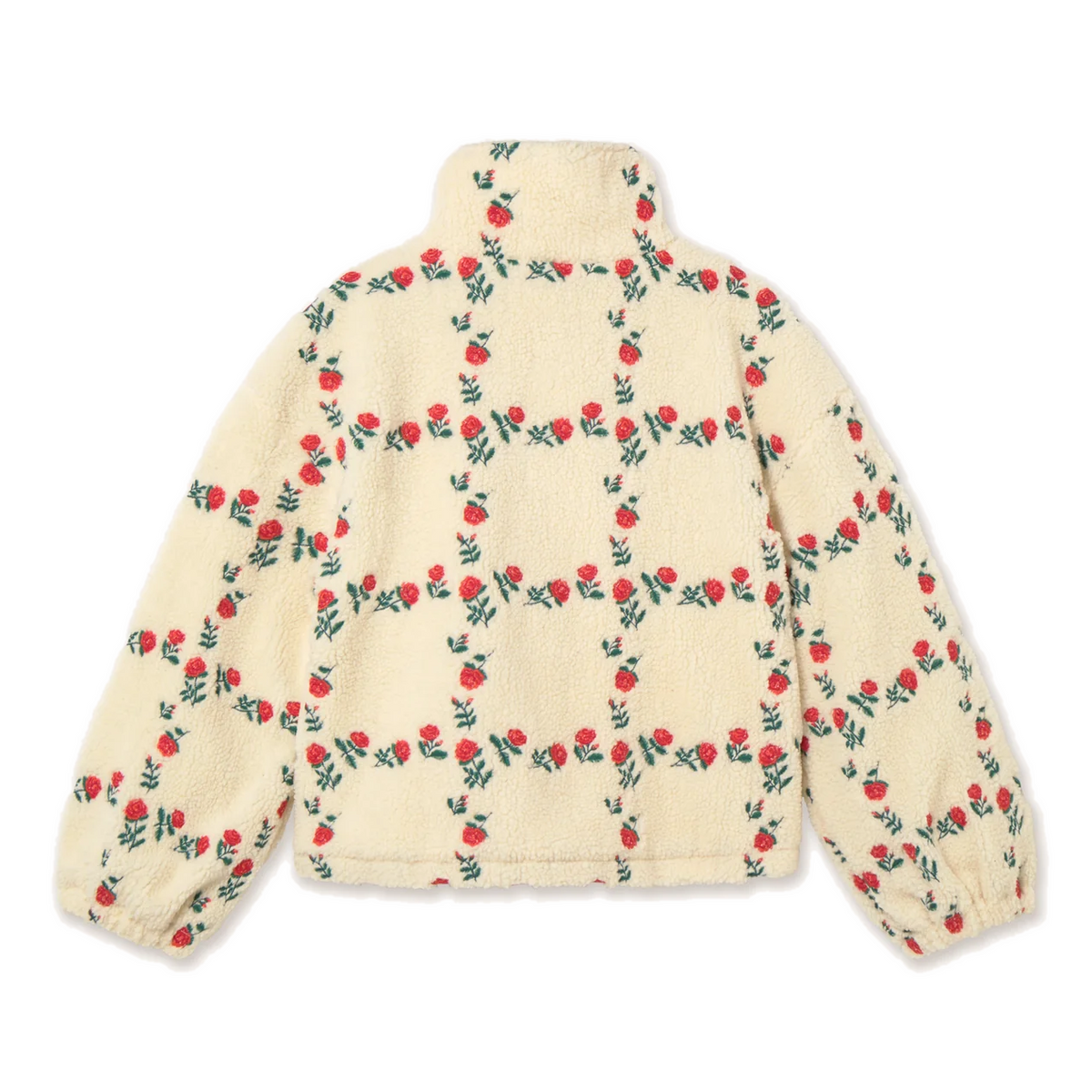 Back view of The Tiny Big Sister Roses Grid Sherpa Jacket, laid flat on white, showing the rose grid embroidery across the back and full sleeves.