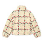 Back view of The Tiny Big Sister Roses Grid Sherpa Jacket, laid flat on white, showing the rose grid embroidery across the back and full sleeves.