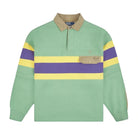 Polo Ralph Lauren Rugby Polo Pullover laid flat. A sage green rugby shirt with yellow and purple stripes, a khaki collar and a khaki flap chest pocket.