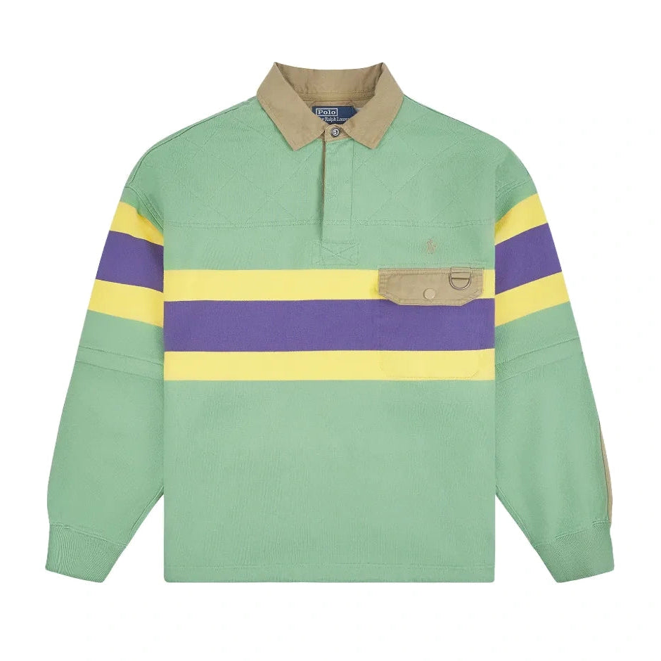 Polo Ralph Lauren Rugby Polo Pullover laid flat. A sage green rugby shirt with yellow and purple stripes, a khaki collar and a khaki flap chest pocket.