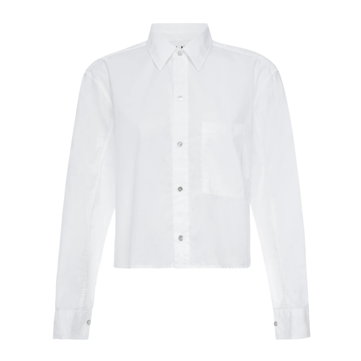Front view of the AMO Ruth Crop Shirt in white, laid flat on white, showing the point collar, shell buttons, single chest pocket and cropped hem.