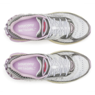 Saucony X Metagirl Progrid Paramount sneakers in silver and purple colorway, top view of pair