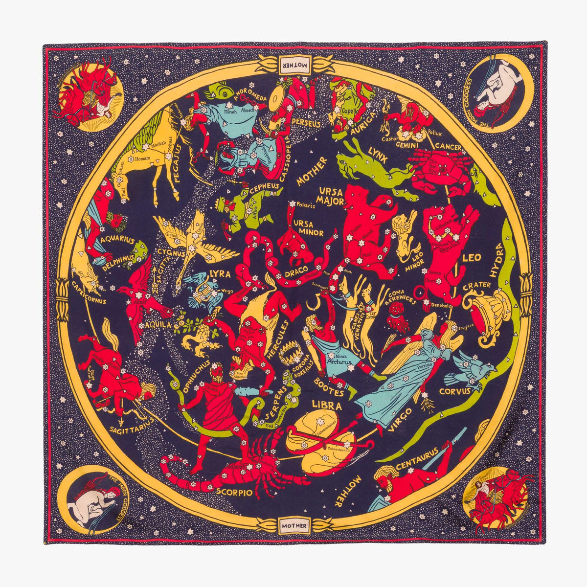 A square scarf featuring a colorful zodiac astrological chart design on a dark navy blue background with a gold circular border.