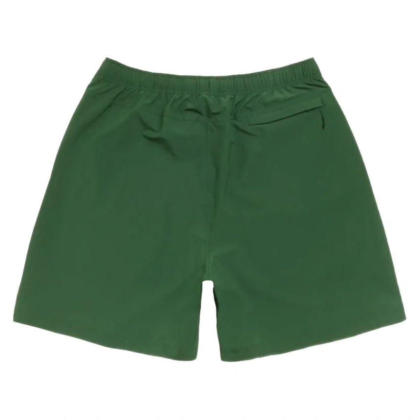 Back view of the pine Sport Short laid flat, showing the elastic waistband and a zippered back pocket.