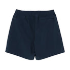 Back view of the navy Sport Short laid flat, showing the elastic waistband and a zippered back pocket.