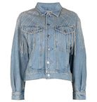 A light blue denim jacket featuring fringe detailing across the chest and shoulders, button-front closure, and flap chest pockets, shown on a plain white background.