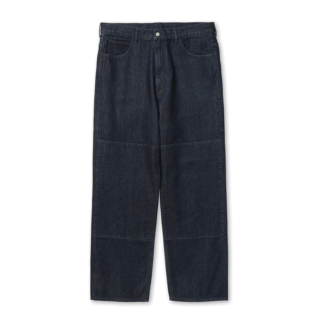 Front view of Snow Peak Takibi Denim Pants in dark indigo, laid flat on white, with a straight semi-wide leg, a five-pocket layout and stitched reinforcement panels at the knees.