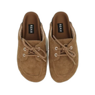 Top-down view of a pair of taupe ROAM Moc Loafers, showing the laces through metal eyelets, the fleece-lined collars and the ROAM logo on the footbeds.