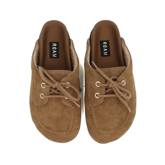 Top-down view of a pair of taupe ROAM Moc Loafers, showing the laces through metal eyelets, the fleece-lined collars and the ROAM logo on the footbeds.