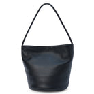 A black pebbled leather shoulder bag with a single thin strap, photographed against a solid white background.