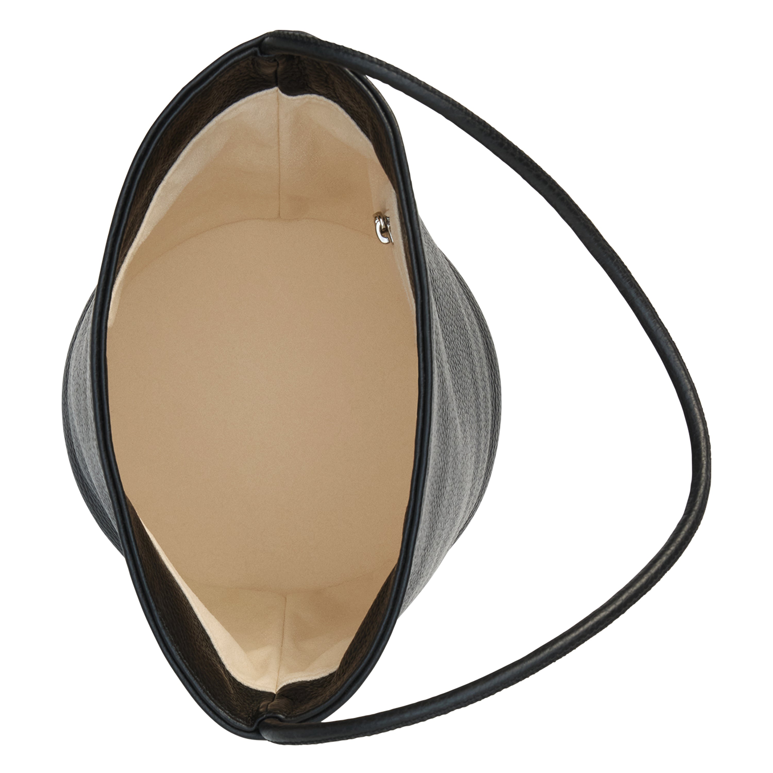 Close-up of a handbag with a black strap and beige interior on a white background