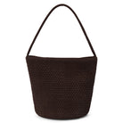 Brown woven handbag with a handle on a white background