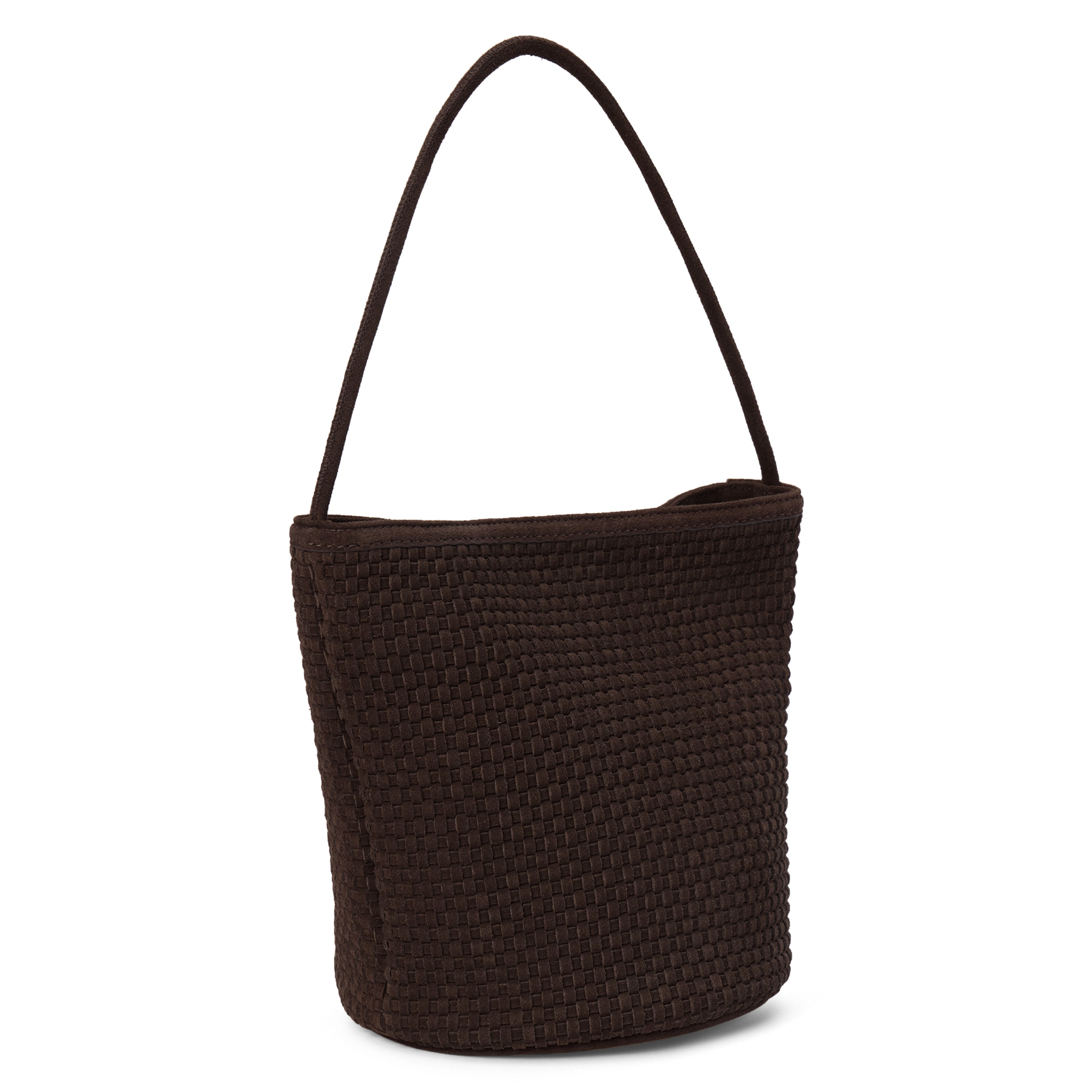 Brown woven handbag on a white background