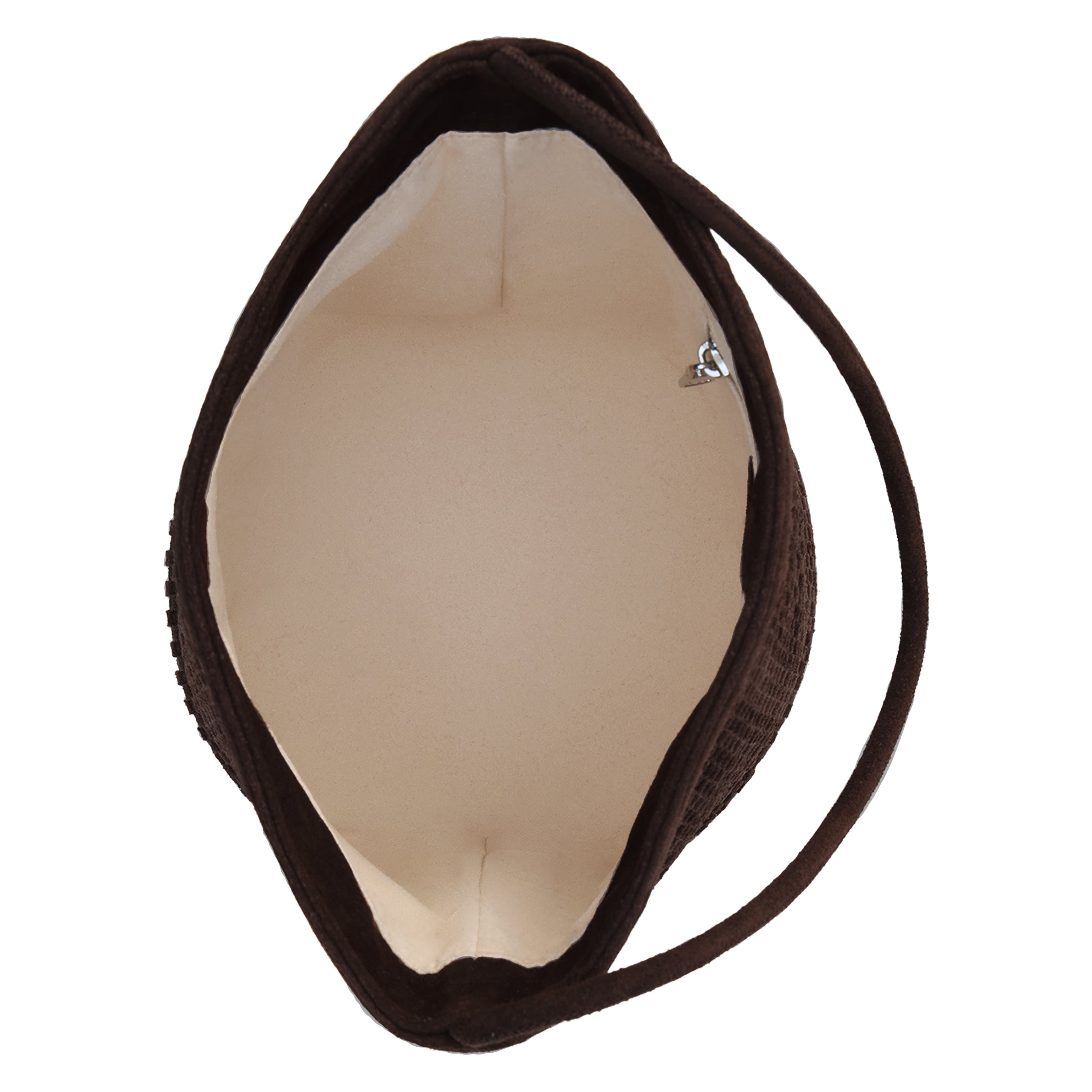 Brown handbag with beige interior on a white background