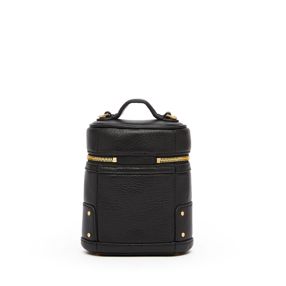 A black textured leather cylindrical bag with a top handle, gold-tone zipper, and gold rivets, shown against a plain white background.